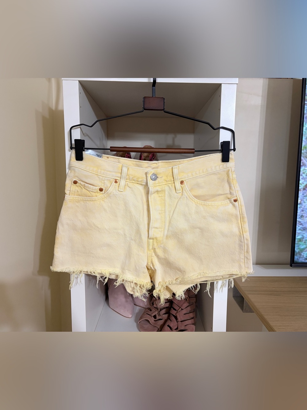 Levi's Pale Yellow High-Rise Frayed Hem Denim Shorts
